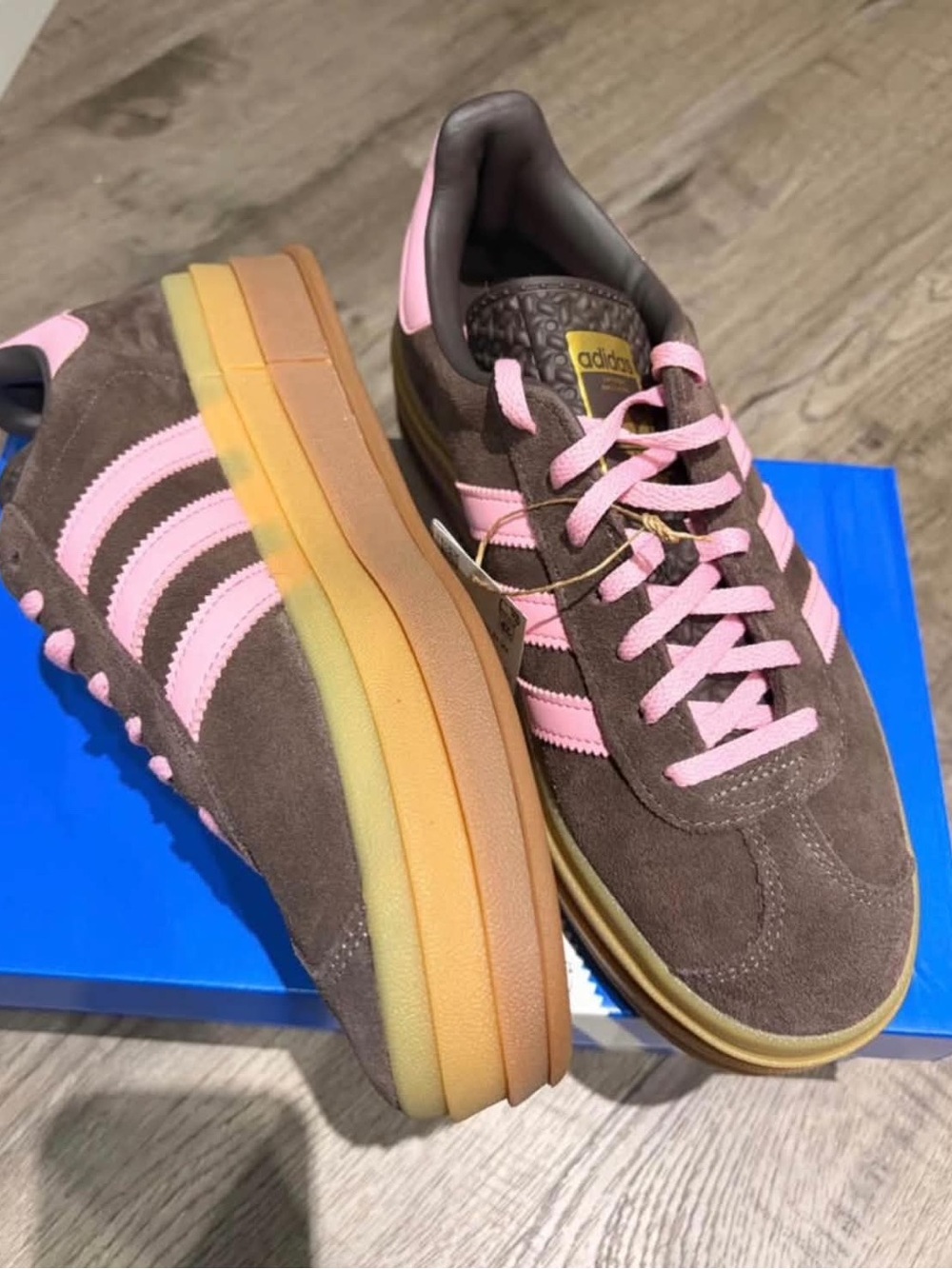adidas Brown Suede Sneakers with Pink Stripes and Laces - Picture 2 of 3